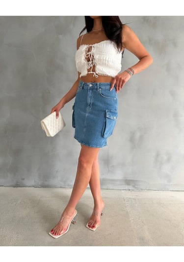 Zeo Basic Kargo Cep Detaylı Mini Denim Etek Mavi