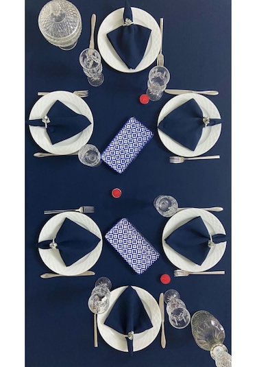 Keten Görünümlü Begonvil Masa Örtüsü Lacivert 25 Parça Set