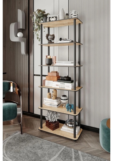 6 Katlı Dekoratif Diktörtgen Kitaplık Meşe Meşe