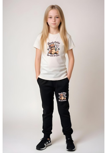 Fyk Kids Kız Çocuk Yuvarlak Yaka Baskılı Bearly Chillin Alt-üst Pijama Takımı KREM Krem