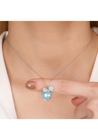 Zirkon Taşlı Pırlanta Montür Gümüş Rengi Kaplama Ortası Turkuaz Taşlı Desenli Oval Gümüş Kolye Gold - Rose Gold - Gümüş
