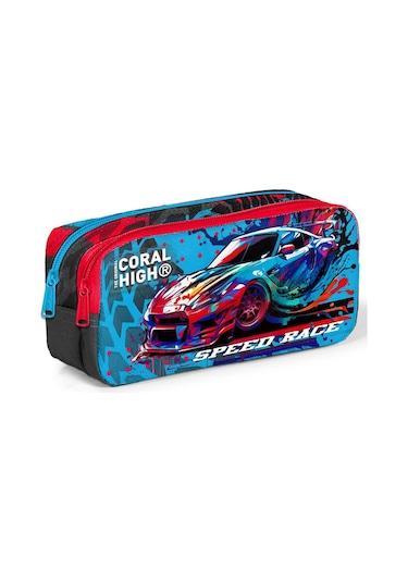 Coral High Kids Gri Mavi Yarış Arabası Desenli İki Bölmeli Kalem Çantası 12085