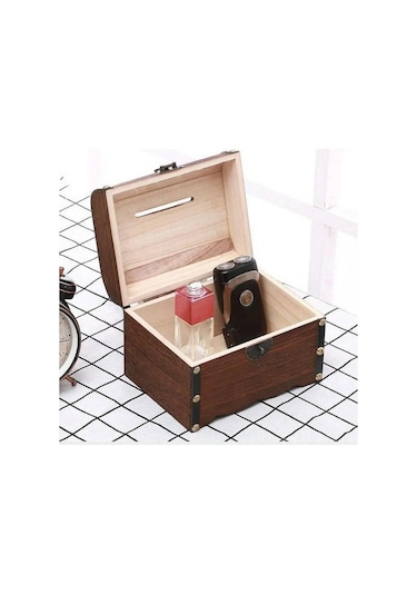 Youmex Eski Stilde El Yapımı Ahşap Kasa, Kilitli Para Kazanma Kutusu, 15x10x10cm, Bayram Hediyesi, Antika Desenli, Kaliteli Ahşap, Para Biriktirme Aleti Haki