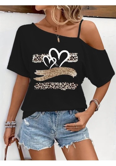 Kadın Tek Omuzu Açık Ip Askılı Baskılı Viskon Bluz Siyah