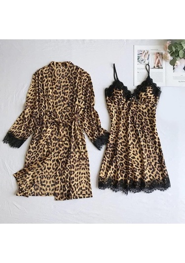 Flybuy Kadın İpek Pijama Takımı Saten V Yaka, Rahat Uzun Kollu, Soğuk Geçirmez Kahverengi