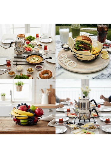 4 Lü Metal Sunum Ve Nihale Seti Büyük Nihale, Sosluklu Sunumluk, Ekmek-meyve Sepeti, Küçük Nihale Sİyah