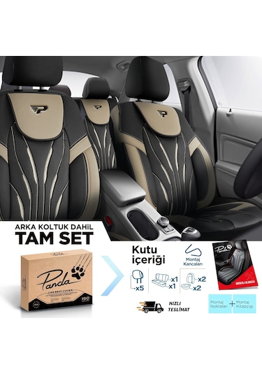 Panda Pars Serisi Deri Oto Koltuk Kılıfı - Bej - Siyah