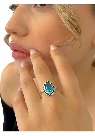 925 Ayar Damla Aquamarine Otantik Üst Kalite Gümüş Yüzük