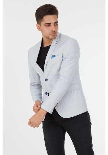Sposo 5123 Dar Kalıp Keten Buz Mavisi Erkek Blazer Ceket Mavi