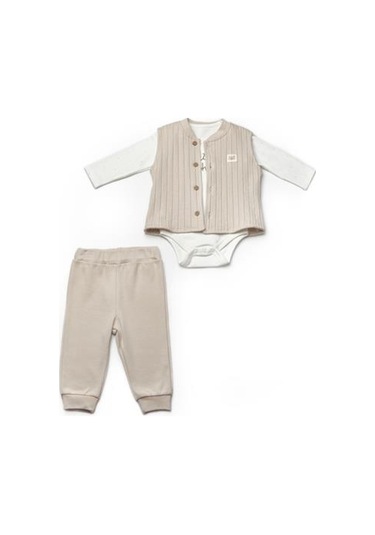 Bebek Yelekli 3'lü Takım %100 Organic Pamuk Yenidoğan Serisi - Csy8115 Ekru