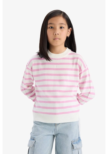 Defacto Kız Çocuk Standart Fit Bisiklet Yaka Çizgili Kazak C6903a825aupn444 Pembe
