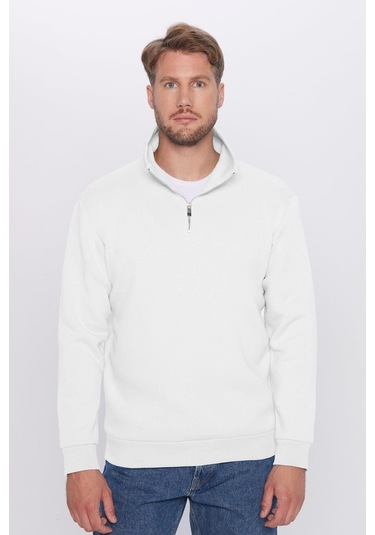 Unisex Relax Fit Rahat Kesim %100 Pamuk Yarım Fermuarlı Beyaz Dik Yaka Sweatshirt-32135 Beyaz