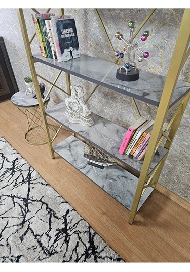 Gold Boyalı Kitaplık - 5 Raflı Suntalem Lüks Kitaplık Marmol Çok Renkli