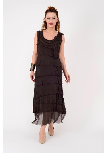 Italyan 2 Beden İnce Gösteren Kat Kat Kolsuz Ipek Elbise Kahverengi