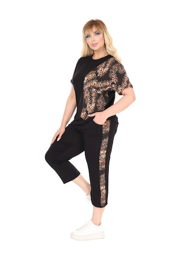 Melsay Butik Siyah Kısa Kol Yarım Başak Garnili Viskon Kapri Takım Siyah