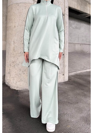 Mint Asimetrik Kesim, Fermuarlı Bluz & Bol Paça Pantolon - Viskon İki İplik Kumaş Alt & Üst Takım Mint