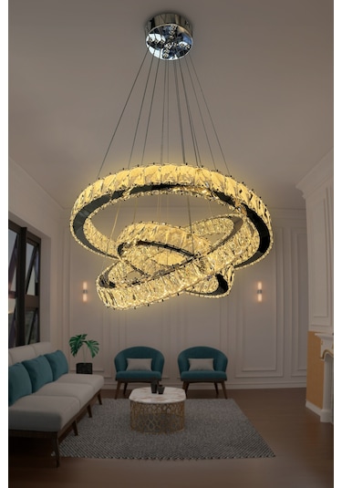 Bestof 3 Katlı Daire Taşlı Ledli Modern Avize - Kumandasız / Krom Krom