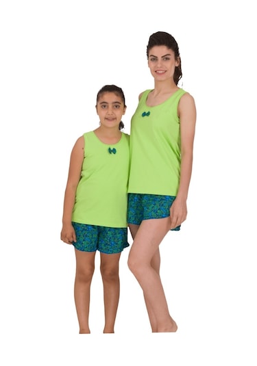 The Don Aile Yeşil-Lacivert Desenli Kız Çocuk Şort Takımı (9-14 Y