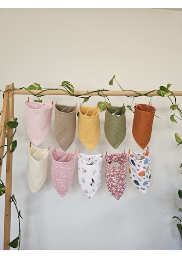 3Baby Pamuklu Çift Katlı Çıtçıtlı Müslin Bebek Fular - Salya Önlük - 10 Adet Çok Renkli