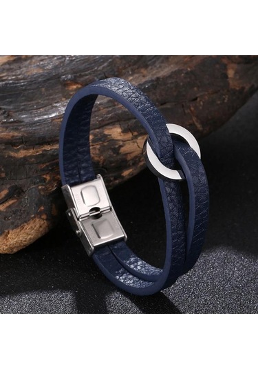 Moda Çift Katmanlı Deri El Bilekliği Erkekler Kadınlar İçin Charm Paslanmaz Çelik Bilezikler Çift Takıları Bileklik Hediye Mavi