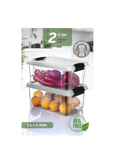2'li 3 Lt Kilit Kapaklı Erzak Saklama Kabı - Difriz Buzdolabı Düzenleyici Un Bakliyat Saklama Kutusu Şeffaf