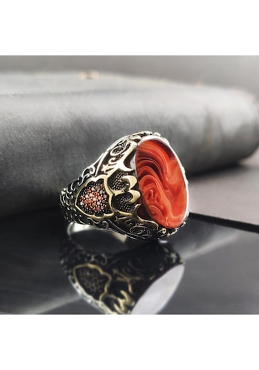 Düz Turuncu Kehribar Erkek Gümüş Yüzük Gyzgmsagumu