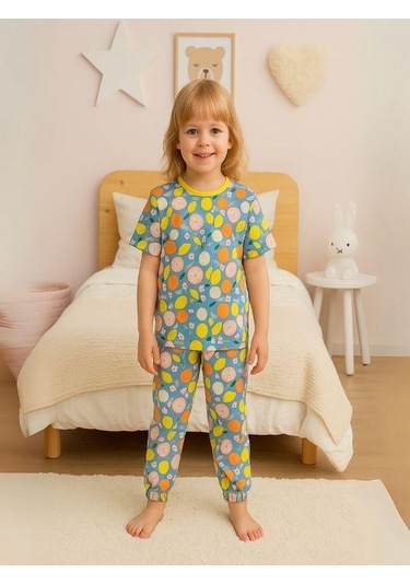 Kız Çocuk Pamuklu Meyve Desenli Kısa Kol Pijama Takımı-16027 Mavi