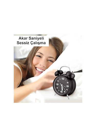 Valkyrie Sessiz Akar Saniyeli 16cm Alarm Masa Çalar Saat Yüksek Zil Sesi Büyük Boy Siyah