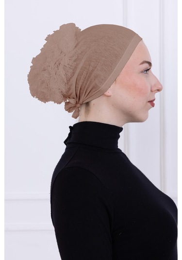 Fırfırlı Önden Dikişli Penye Bone - Kadın Tesettür Bağlamalı Topuz İç Bone-vizon Vizon