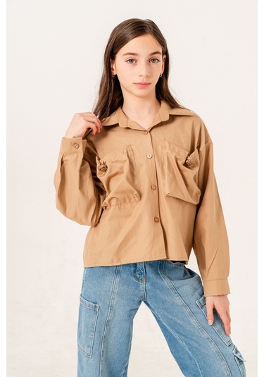 Kız Çocuk Körük Cepli Gömlek 3155 Bej