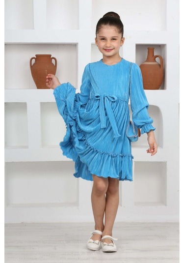 Kız Çocuk Örme Saten Çanta Detaylı Pliseli Astarlı Elbise Açık Mavi
