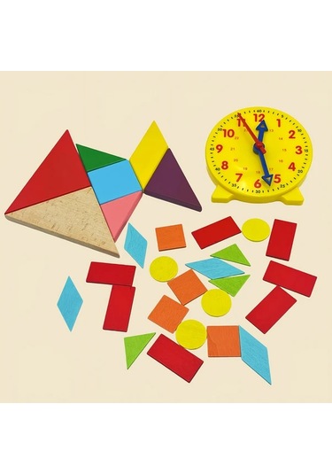 Willowhaven Ahşap Eğitici Oyuncak 6 Parça Matematik Saati Tangram Puzzle Yapı Blokları