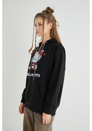 Hello Kitty Lisanslı Baskılı Kapüşonlu Oversize Fit Sweatshirt Renkli