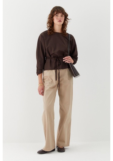 Büzgü Manşetli Kuşaklı Bluz Kahverengi Kahverengi