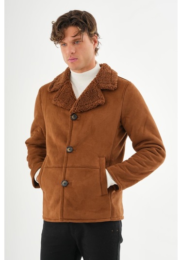 Erkek Regular Fit İçi Kürklü Düğmeli Katlı Yaka Yandan Cepli Klasik Süet Mont Kahverengi
