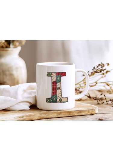 I Harfi Yılbaşı Temalı Kupa Bardak - Yeni Yıl Konsept Yamalı Efekt Tasarım - Noel Hediye Beyaz