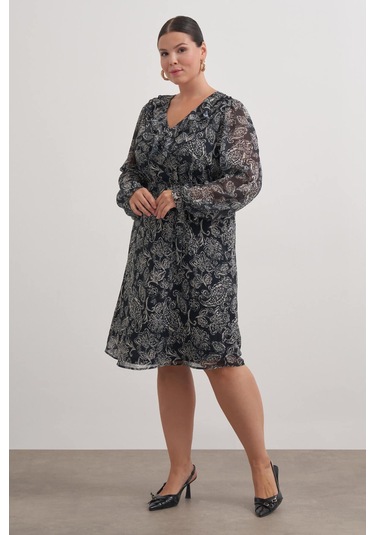 V Yaka Fırfırlı Kuşaklı Elbise-3366 Siyah