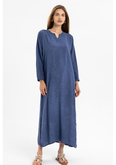 Mavi İşlemeli Uzun Kollu Astarsız Pamuklu Uzun Elbise-mavi