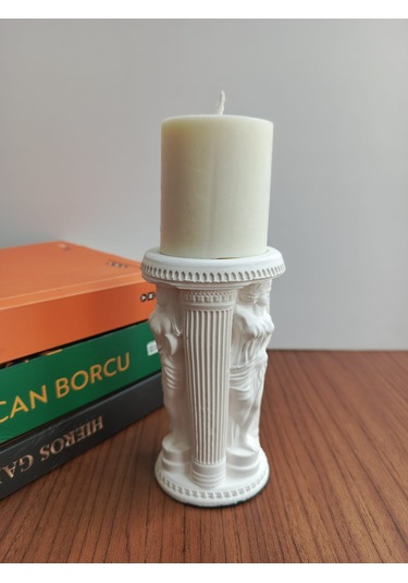 Antik Sütun Heykel Şamdan, Obje, El Yapımı, Ev Dekoru, Masa Dekoru Beyaz