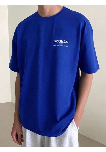 Erkek Sax Mavi Oversize Sea Son Baskılı Örme T-shirt Sax Mavi