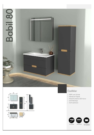 Evros Babil Banyo Dolabı 80 Cm Siyah Boy Dolabı Dahil Gri - Siyah