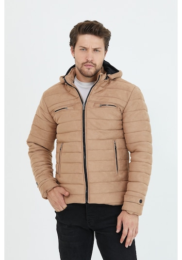 Erkek Vizon Dar Kesim Kapüşonlu Kalın Kumaş Süet Mont Vizon