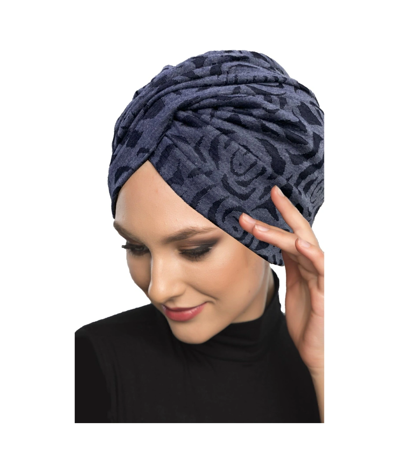 Desenli Çapraz Penye Lacivert Gül Desenli Hazır Türban Tesettür Havuz Bonesi Lacivert Gül