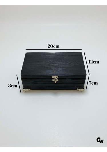 Doğal Ahşap Hareli Takı Kutusu Ahşap Saklama Kutusu Beyaz Çam Antrasit Boy:20cm En:12cm Yük:8cm