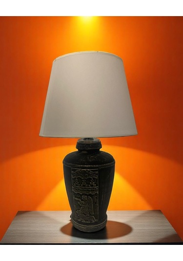 Gümüş Renk Eskitme El Yapımı Sümer Dekoratif Abajur - Beyaz Beyaz