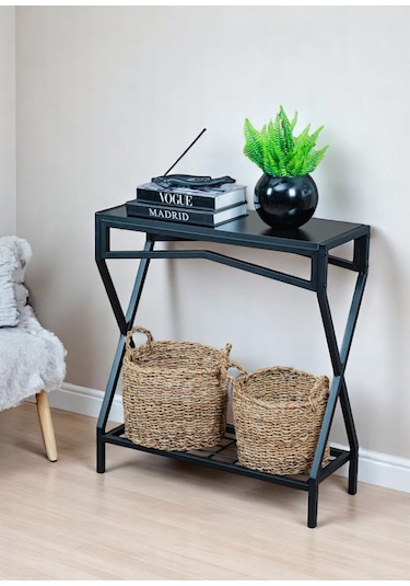 Metal Dresuar Siyah Ahşap Raflı Stand Çok Amaçlı Salon & Hol Rafı Siyah