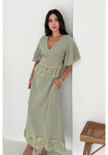 Püsküllü Bluz Etek Takım Haki Haki