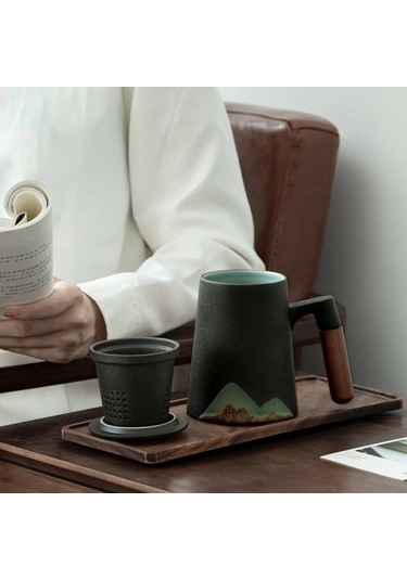 Dağ Tasarım Seramik Çay Filtre İle Seramik Kahve Fincanı Çin Çay Bardağı 400ml Kupalar Altın - Beyaz