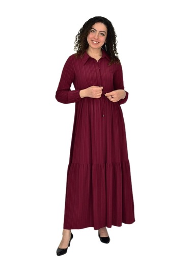 Kadın Uzun Kol Lastikli Kabartma Çizgili Elbise Bgl-st04676 Bordo