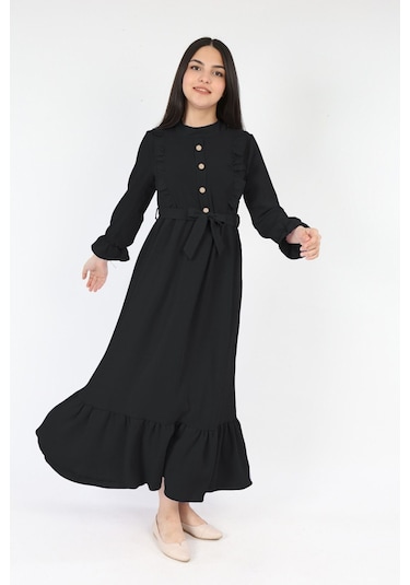 Kiz Cocuk Elbise Aerobin Keten Kumaş Tesettüre Uygun Uzun Boydan Cocuk Elbise Siyah